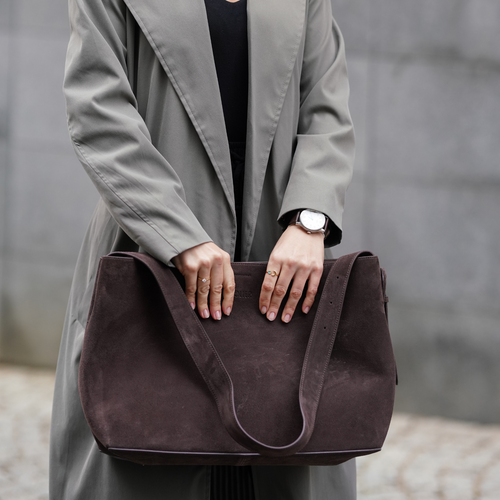 Skórzana zamszowa torba shopper z klamrą na ramię Solier FL39 Maya czekoladowa