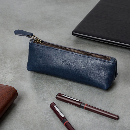 Leather pencil case Solier SA51 navy