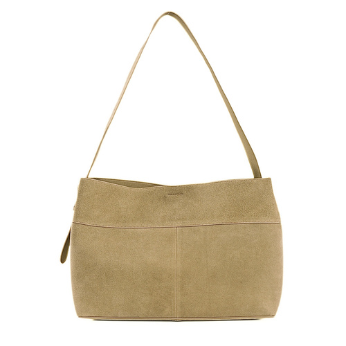 Skórzana zamszowa torba shopper z klamrą na ramię Solier FL39 Maya beżowa