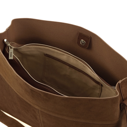 Skórzana zamszowa torba shopper z klamrą na ramię Solier FL39 Maya brązowa