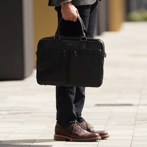 Black leather shoulder laptop bag SL01 DUNDEE
