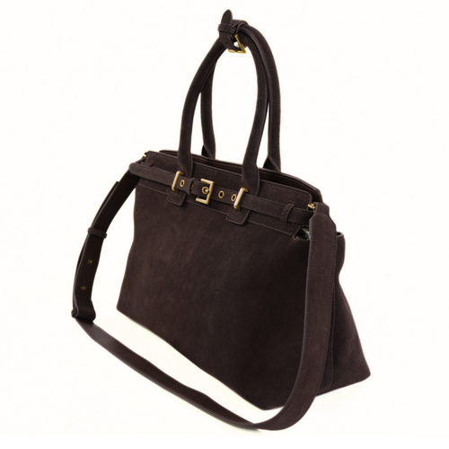 Skórzana zamszowa brązowa torebka damska z klamrami Solier FL41 Liv ciemny brąz