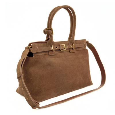 Skórzana zamszowa brązowa torebka damska z klamrami Solier FL41 Liv cappucino