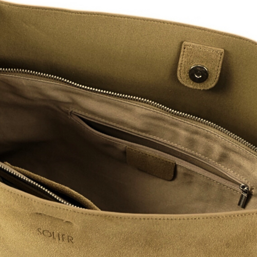 Skórzana zamszowa beżowa torba shopper z regulowanym paskiem Solier FL38 Sienna