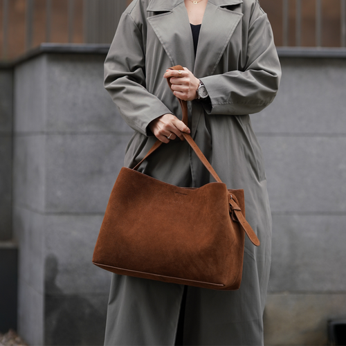 Skórzana zamszowa torba shopper z klamrą na ramię Solier FL39 Maya brązowa