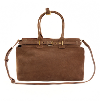 Skórzana zamszowa brązowa torebka damska z klamrami Solier FL41 Liv cappucino