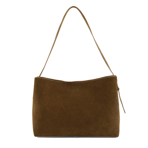 Skórzana zamszowa torba shopper z klamrą na ramię Solier FL39 Maya brązowa