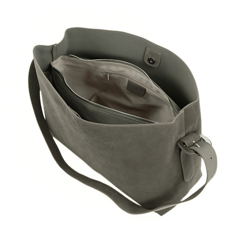 Skórzana zamszowa torba shopper z klamrą na ramię Solier FL39 Maya szara