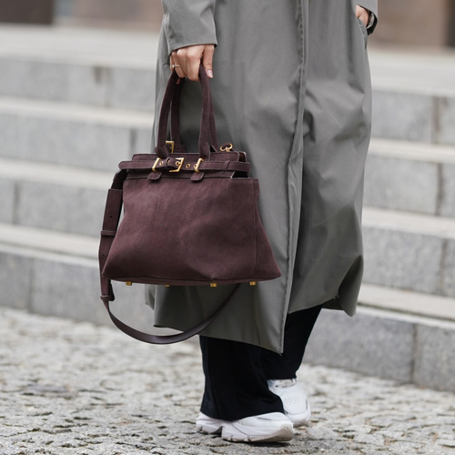 Skórzana zamszowa brązowa torebka damska z klamrami Solier FL41 Liv ciemny brąz