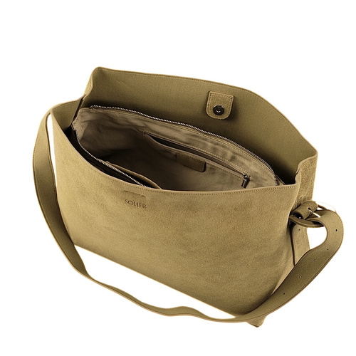 Skórzana zamszowa torba shopper z klamrą na ramię Solier FL39 Maya beżowa