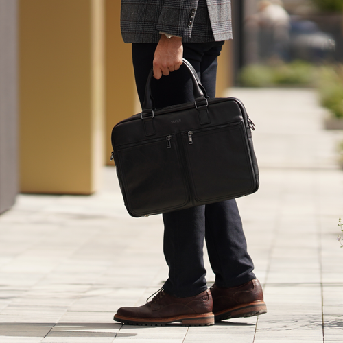 Black leather shoulder laptop bag SL01 DUNDEE