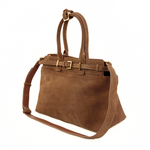 Skórzana zamszowa brązowa torebka damska z klamrami Solier FL41 Liv cappucino