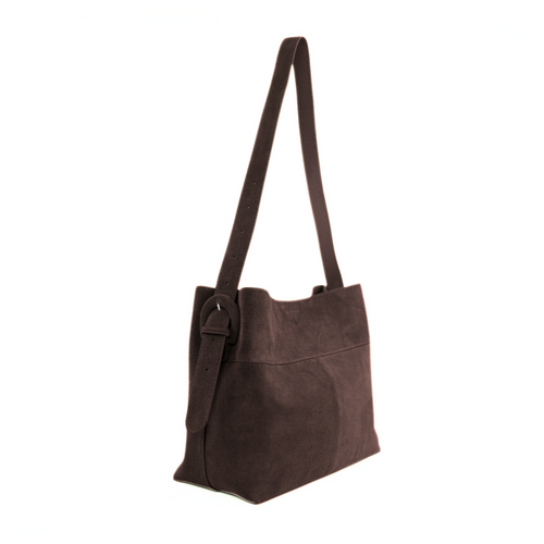 Skórzana zamszowa ciemno brązowa torba shopper z regulowanym paskiem Solier FL38 Sienna