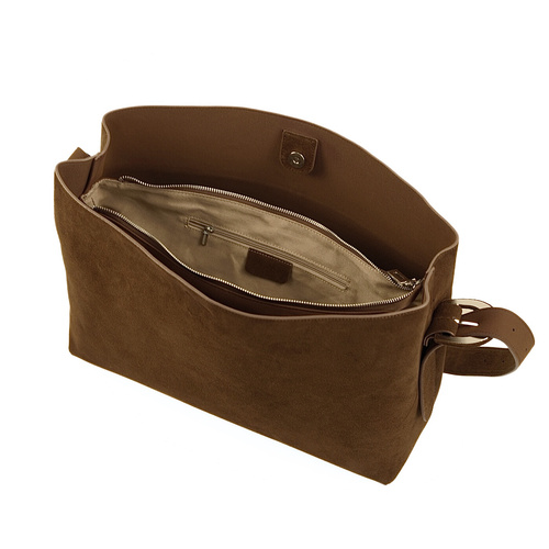 Skórzana zamszowa torba shopper z klamrą na ramię Solier FL39 Maya brązowa