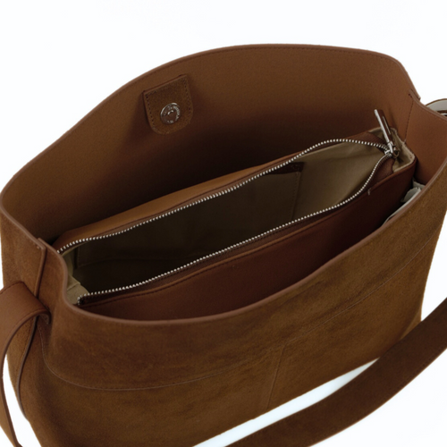 Skórzana zamszowa brązowa torba shopper z regulowanym paskiem Solier FL38 Sienna