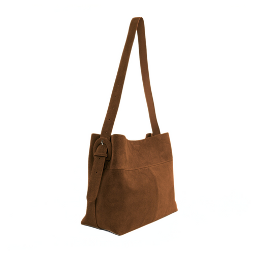 Skórzana zamszowa brązowa torba shopper z regulowanym paskiem Solier FL38 Sienna