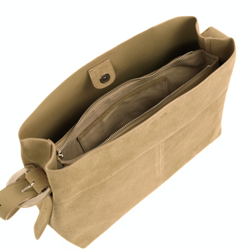 Skórzana zamszowa beżowa torba shopper z regulowanym paskiem Solier FL38 Sienna