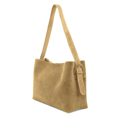 Skórzana zamszowa torba shopper z klamrą na ramię Solier FL39 Maya beżowa