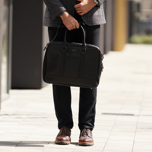 Black leather shoulder laptop bag SL02 ABERDEEN