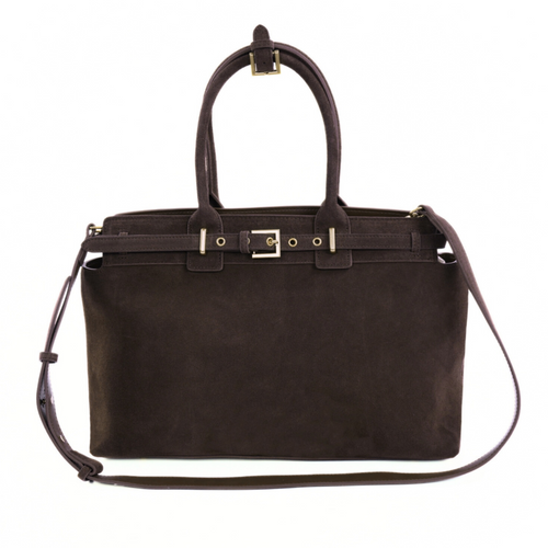 Skórzana zamszowa brązowa torebka damska z klamrami Solier FL41 Liv ciemny brąz