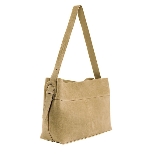 Skórzana zamszowa torba shopper z klamrą na ramię Solier FL39 Maya beżowa