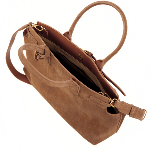 Skórzana zamszowa brązowa torebka damska z klamrami Solier FL41 Liv cappucino