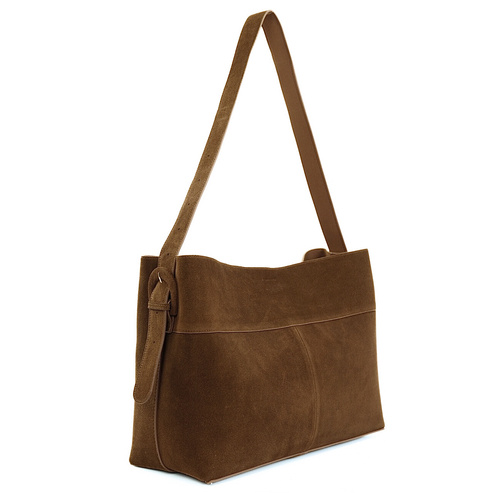 Skórzana zamszowa torba shopper z klamrą na ramię Solier FL39 Maya brązowa