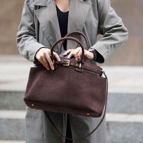 Skórzana zamszowa brązowa torebka damska z klamrami Solier FL41 Liv ciemny brąz