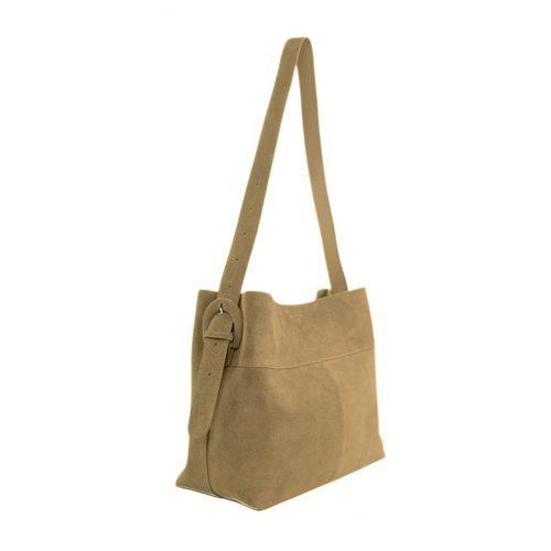 Skórzana zamszowa beżowa torba shopper z regulowanym paskiem Solier FL38 Sienna